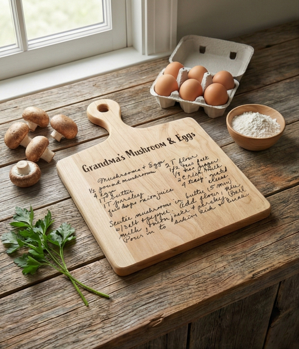 Custom cutting board with handwritten recipe engraved